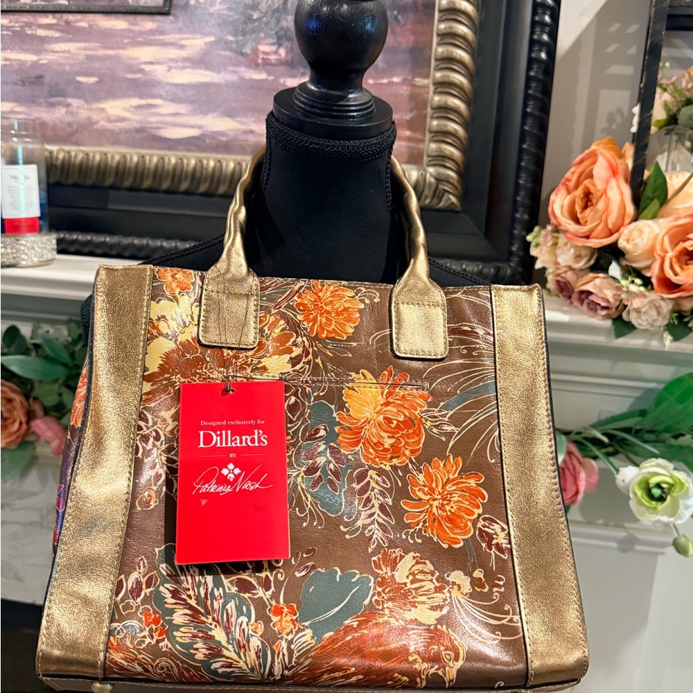 Patricia Nash Brown Floral Tote with Gold Trim